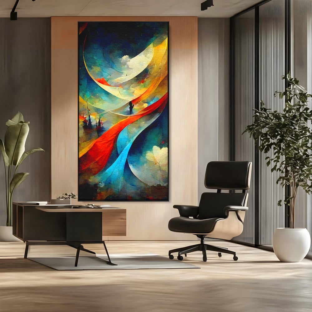 Tablou canvas cu pictura abstracta cu valuri colorate, in rama de aluminiu negru, pe perete intr-un birou
